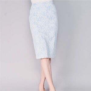 Calvin Luo NWT Women's Elegant Pencil Skirt  Lace Overlay Sky Blue White Medium